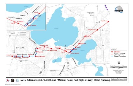 Alternative 5 LPA/Isthmus/Mineral Point, Railroad Right-of-Way, Street Running includes a rail alignment along railroad corridors with stations at East Towne, Commercial Avenue, Fourth Street, Ingersoll Street, and Blair Street, then transitioning to street running along Doty and Wilson Streets, then continuing on railroad right-of-way to the Kohl Center, Park Street, Breeze Terrace, UW Medical Center, Shorewood Hills, and Whitney Way. At Whitney Way the alignment transitions to street running along Whitney Way to Mineral Point Road to the Beltline.