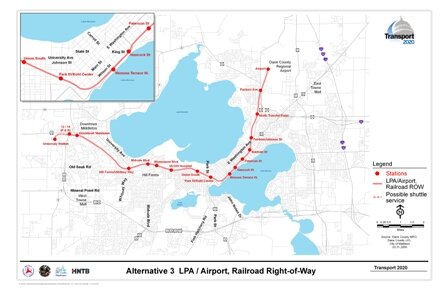 Alternative 3 LPA/Airport, Railroad Right-of-Way includes a rail alignment along railroad corridors with stations at the Airport, North Transfer Point, Fordem Street, Baldwin St, Paterson St, Hancock St, Monona Terrace, Park St/Kohl Center, Union South, UW Medical Center, Shorewood Hills, Midvale Boulevard, HillFarms/Whitney Way, Downtown Middleton, Highways 12 and 14 (includes Park and Ride), and Greenway Station.